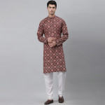 Men Maroon Printed Khadi Kurta