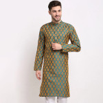 Men Green Jacquard Woven Design Kurtas